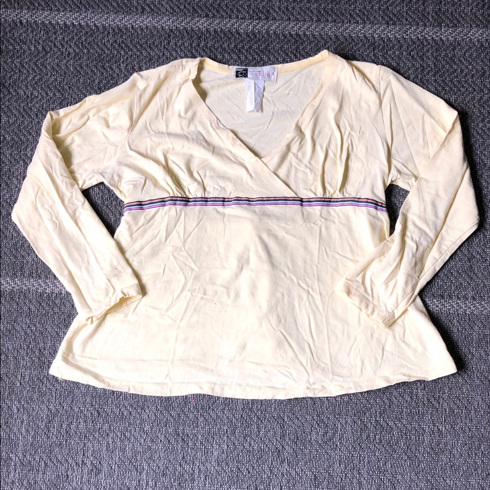 MOTHER Pale Yellow V-Neck Long Sleeve Top with Purple and Pink Waist Stripe